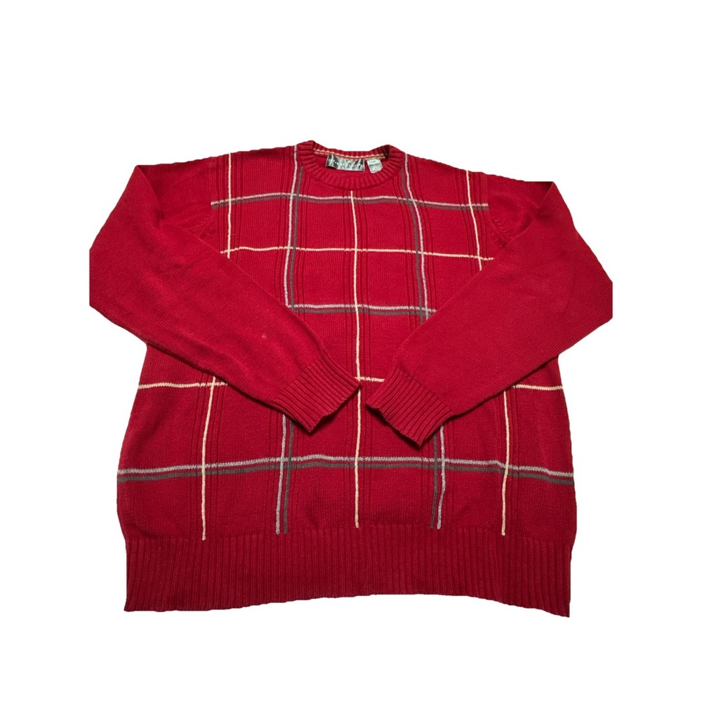 Oscar De La Renta Men's Large Red Plaid Long Sleeve Pullover Sweater